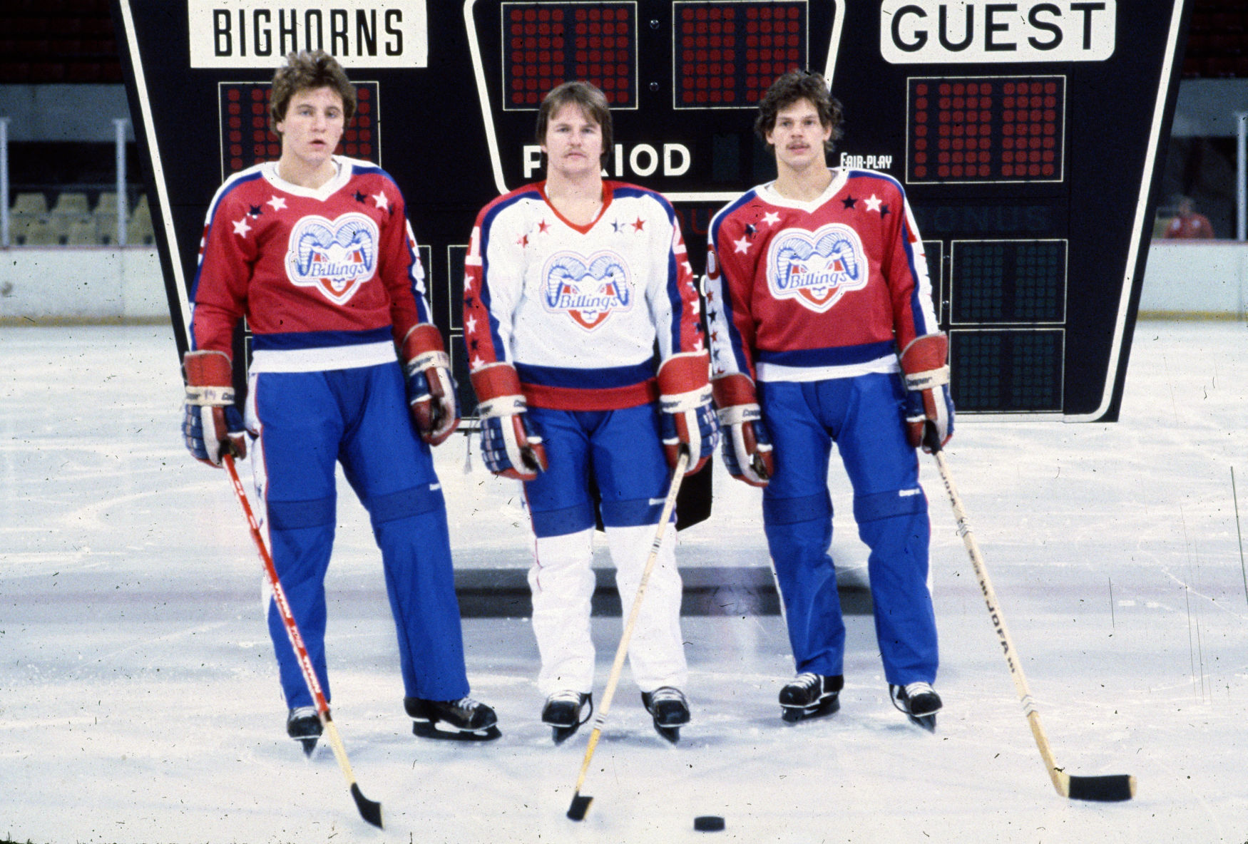 Billings Bighorns players in Cooperall uniforms, January 1981